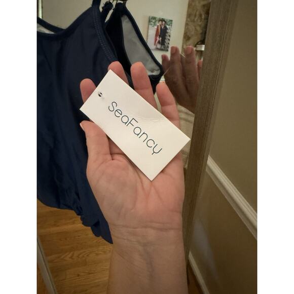 NWT seaFancy Women Blue Tie waist Swimsuit Tankini Top Medium - Picture 3 of 5